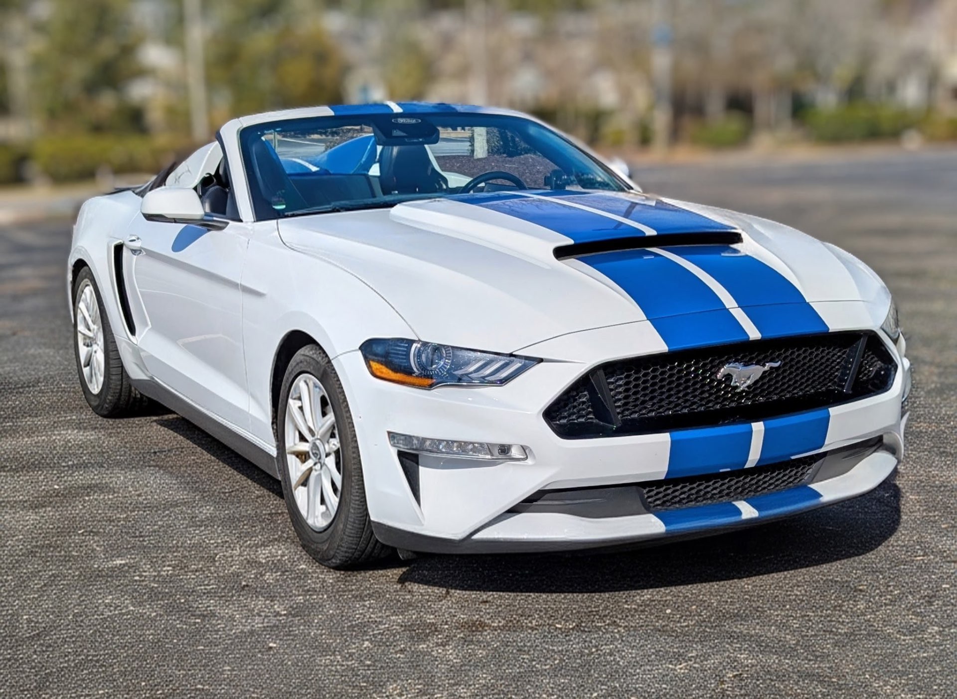 White Ford Mustang convertible with blue racing stripes
