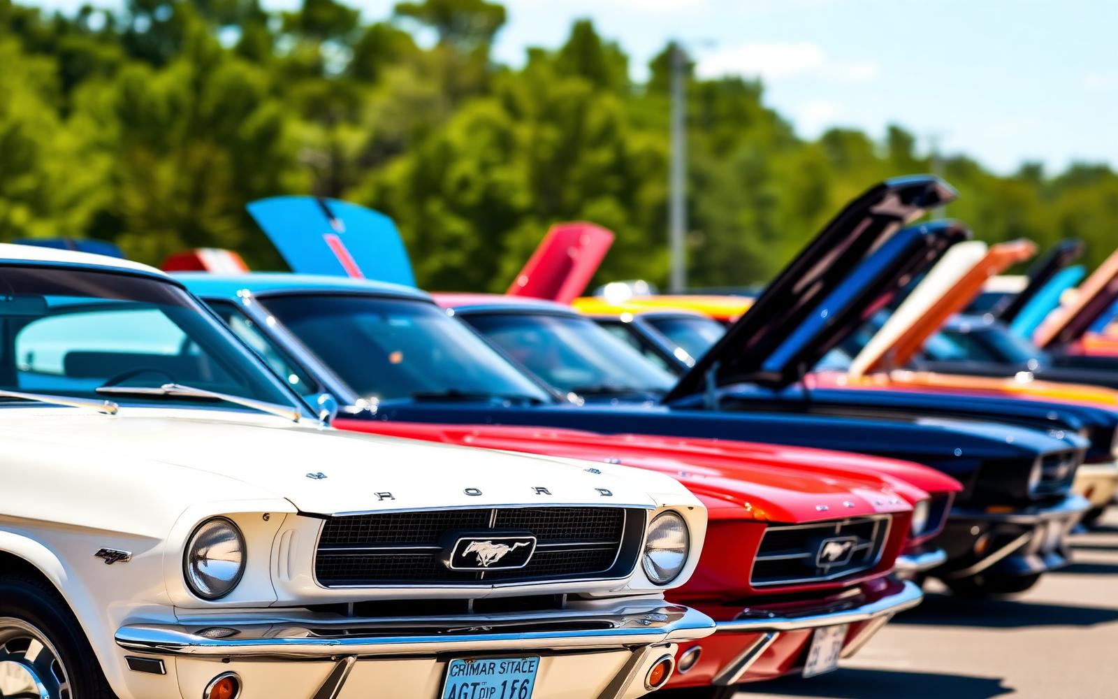 Row of Mustangs at a car show