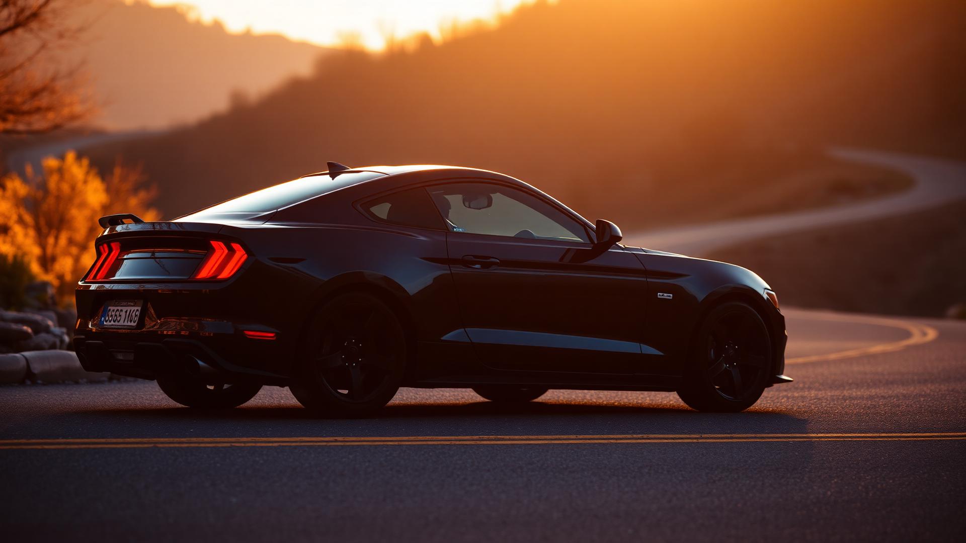 Dark Ford Mustang on a North Georgia mountain road at sunset